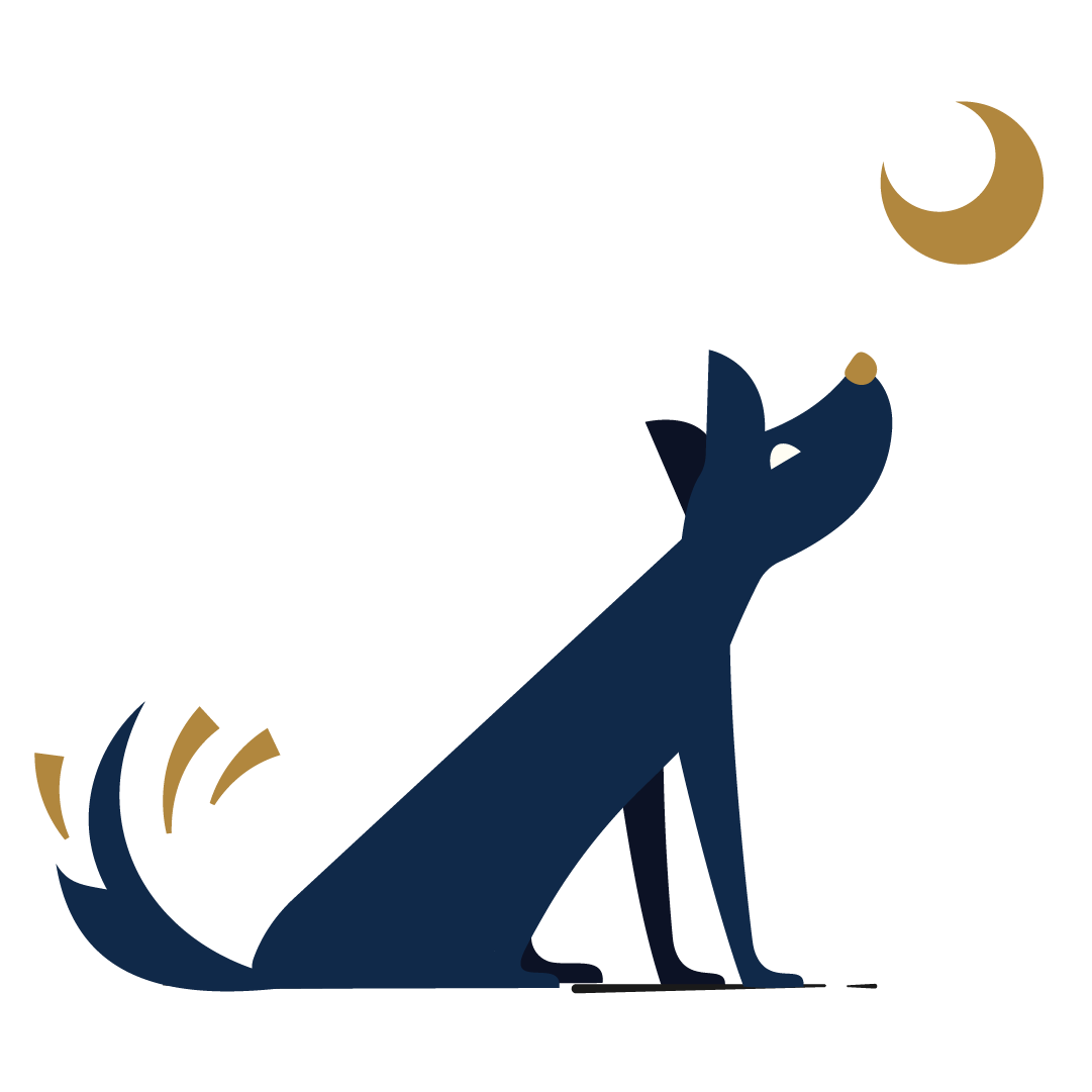 Silhouette of a dog howling at the crescent moon, representing the serene overnight pet care services in Philadelphia by Good Dog Philly.